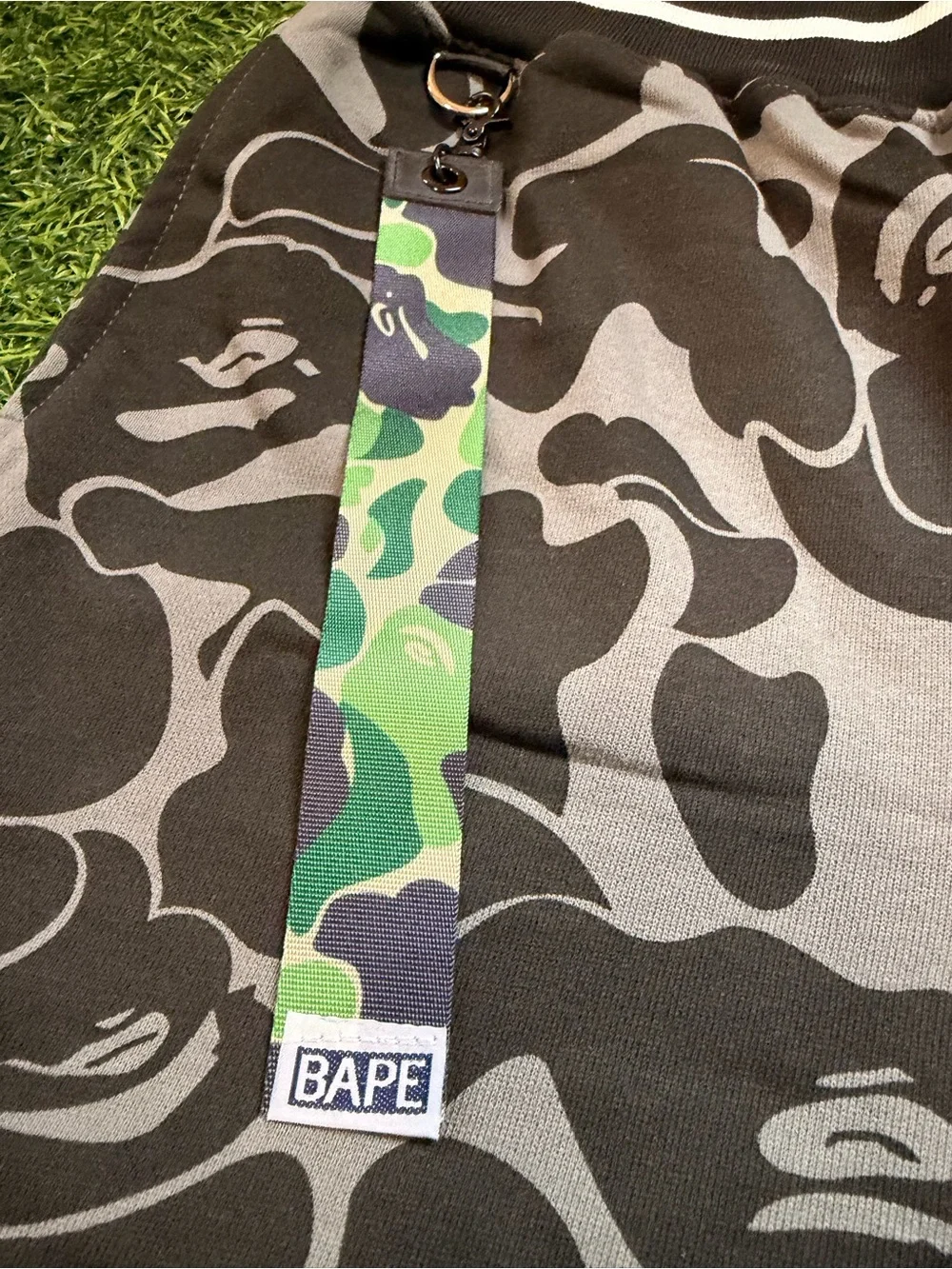 Bape Black & Gray Camo Shorts with Green Accent Strap